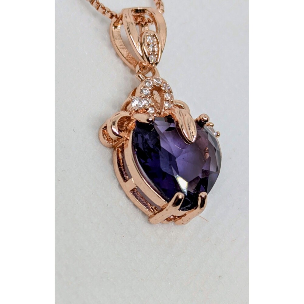 Womens Brand New rose gold heart shaped amethyst Necklace (17in) With CZ Stones
